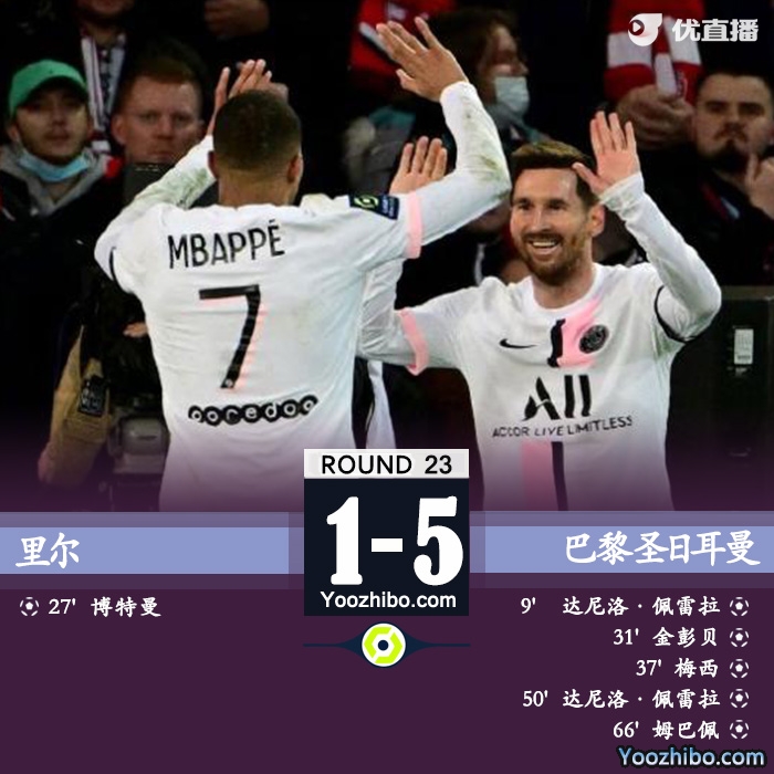 巴黎圣日耳曼客場5-1大勝里爾