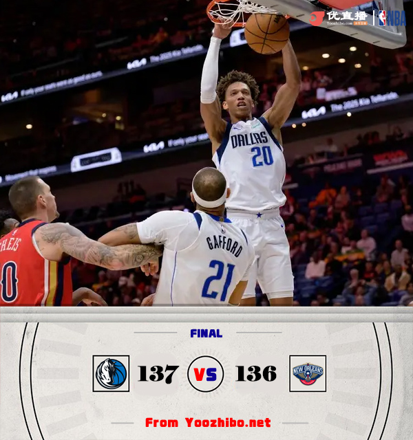 獨行俠137-136戰勝鵜鶘 歐文25+9 華盛頓25+14+8 錫安29+7